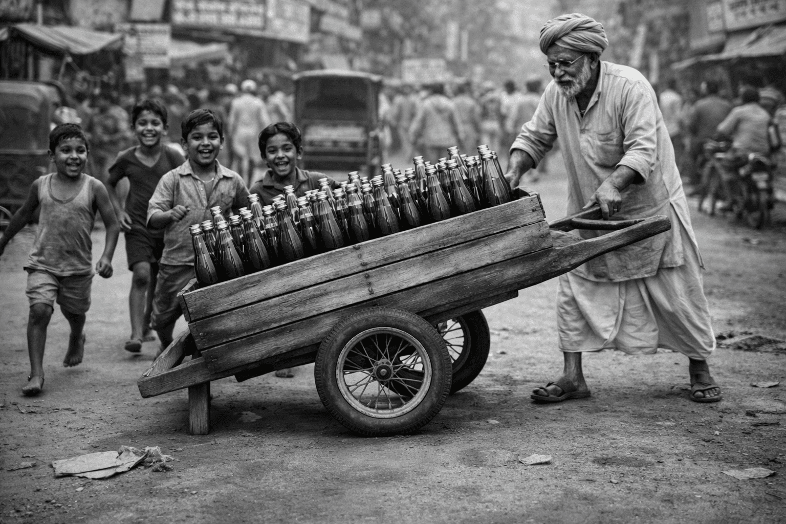 Children running toward a goli soda cart